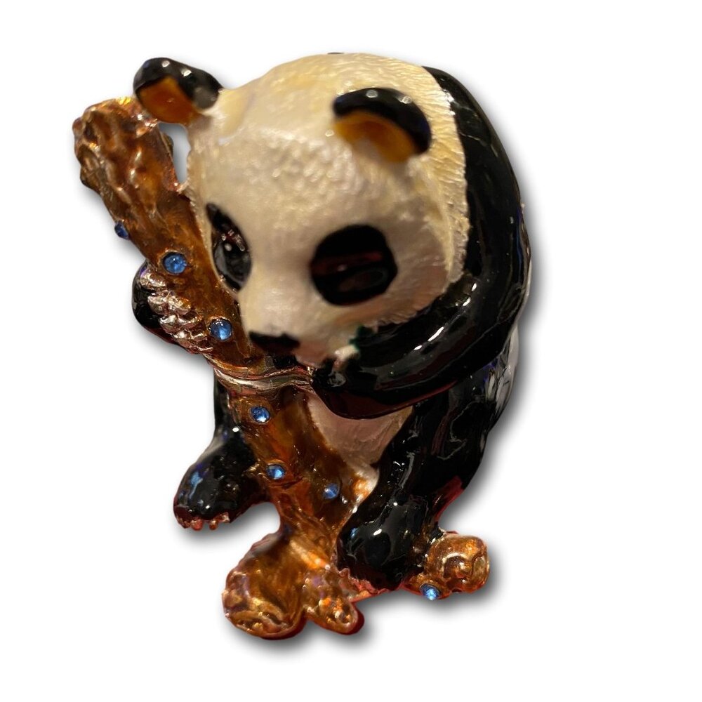 Panda with Bamboo Crystal Bejeweled Trinket Box w Coordinating Necklace